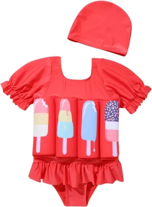 Kids Baby Girls Float Suit Ice Cream Floatation Swimsuit with Adjustable Buoyancy Bathing Swimwear Toddler One Piece Swimming Suit Summer Swim Vest Jacket Ruffle Tutu Swim Dress Red Ice Cream 2-3T