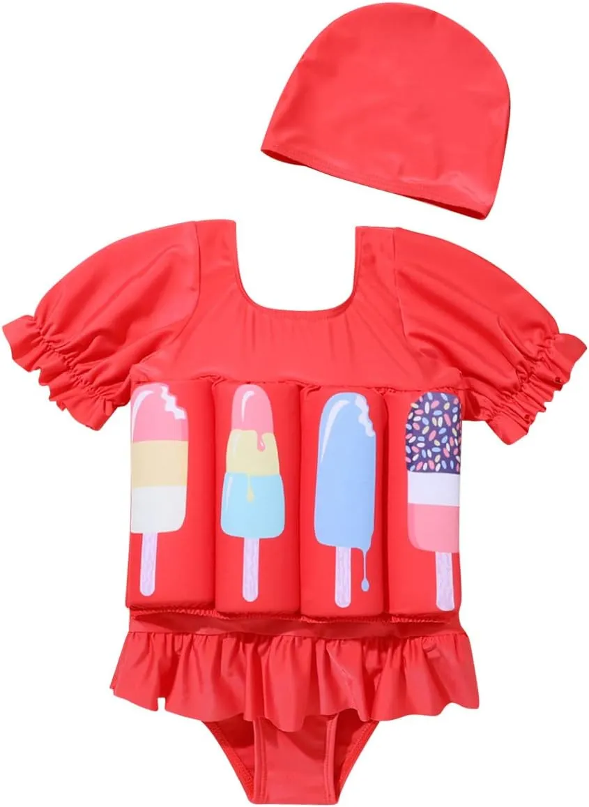 Kids Baby Girls Float Suit Ice Cream Floatation Swimsuit with Adjustable Buoyancy Bathing Swimwear Toddler One Piece Swimming Suit Summer Swim Vest Jacket Ruffle Tutu Swim Dress Red Ice Cream 3-4T