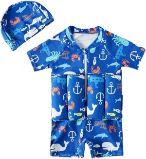 Kids Floatation Swimsuits Baby Boys Girls One Piece Float Suit Short Sleeve Swim Vest Zip up Buoyancy Swimwear  Cap