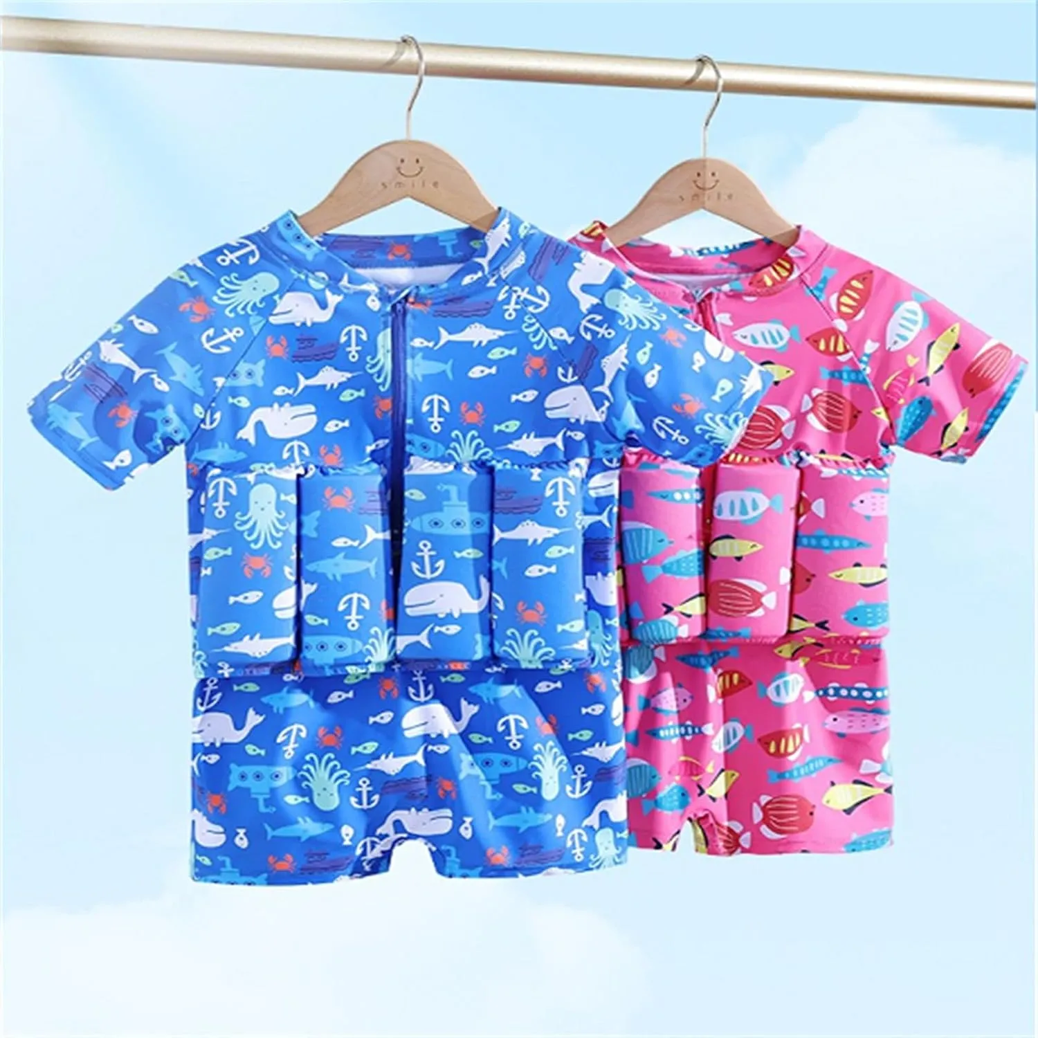 Kids Floatation Swimsuits Baby Boys Girls One Piece Float Suit Short Sleeve Swim Vest Zip up Buoyancy Swimwear  Cap