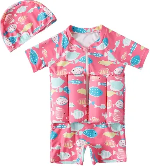 Kids Floatation Swimsuits Baby Boys Girls One Piece Float Suit Short Sleeve Swim Vest Zip up Buoyancy Swimwear  Cap