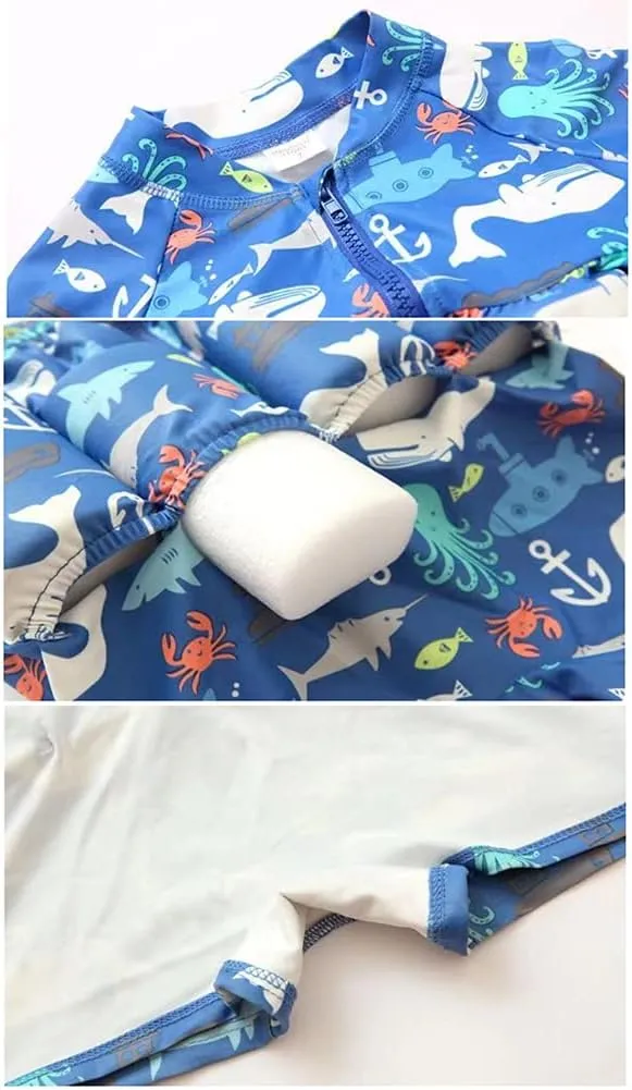 Kids Floatation Swimsuits Baby Boys Girls One Piece Float Suit Short Sleeve Swim Vest Zip up Buoyancy Swimwear  Cap