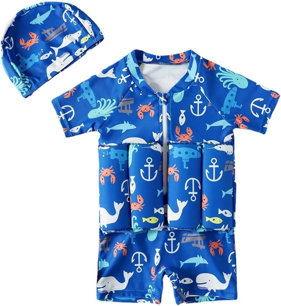 Kids Floatation Swimsuits Baby Boys Girls One Piece Float Suit Short Sleeve Swim Vest Zip up Buoyancy Swimwear  Cap