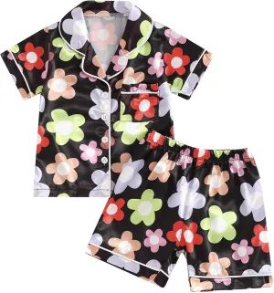 Kids Toddler Girls Pajamas Baby Short Sleeve Lapel Button Down Tops   Shorts Satin Silk Sleepwear Summer Loungewear