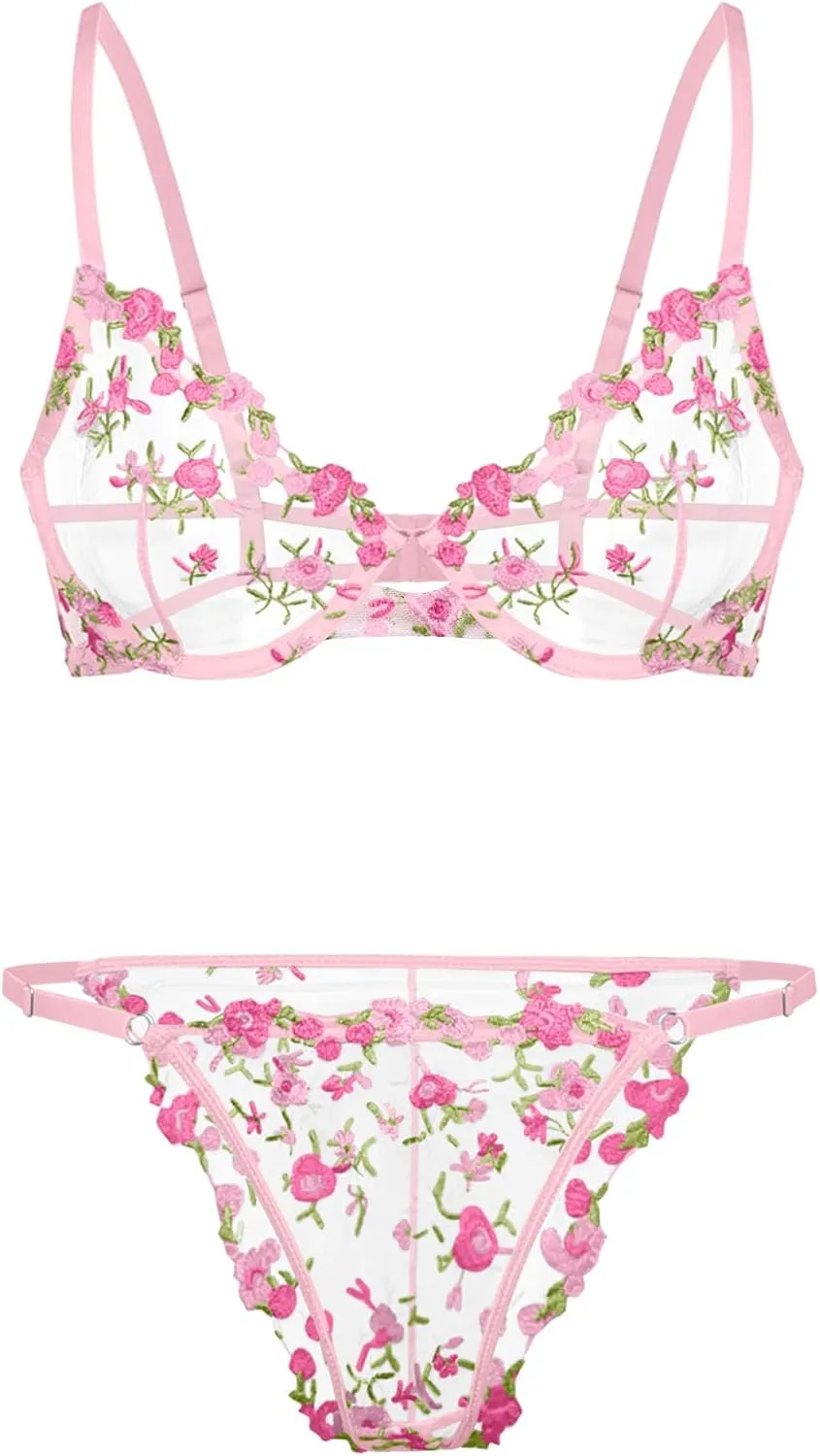 Lilosy Sexy Floral Embroidered Mesh Sheer Underwire Lingerie Set