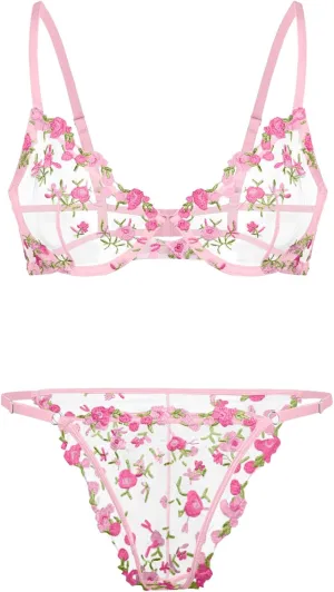 Lilosy Sexy Floral Embroidered Mesh Sheer Underwire Lingerie Set