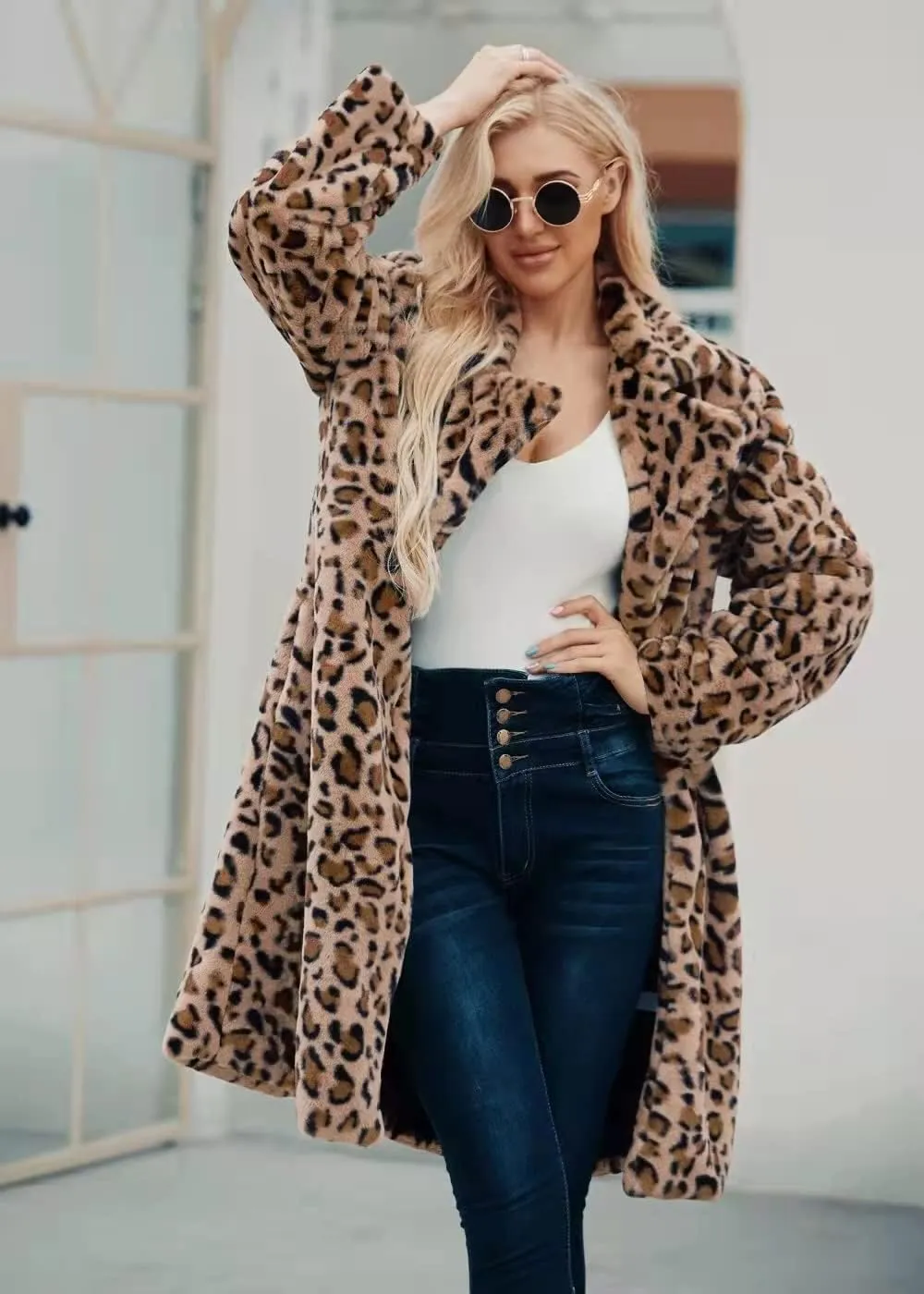 Long leopard suit collar faux fur coat women's casual coat autumn and winter new.