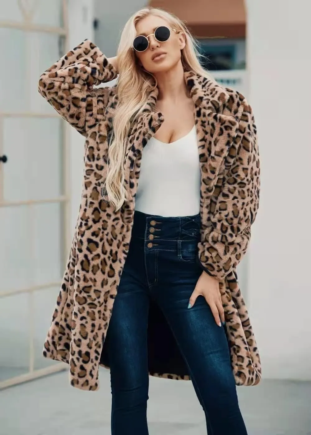 Long leopard suit collar faux fur coat women's casual coat autumn and winter new.