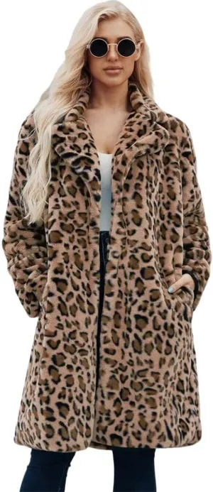 Long leopard suit collar faux fur coat women's casual coat autumn and winter new.