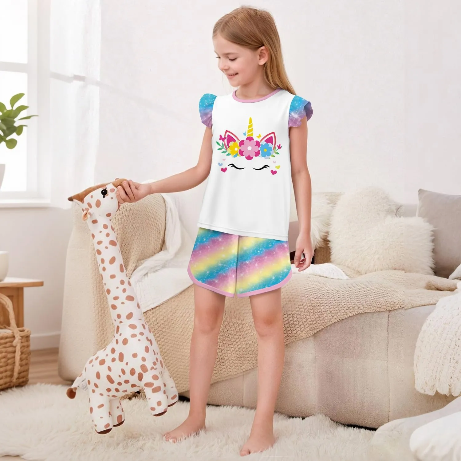 LQSZ Girls Pajamas Flutter Sleeve Toddler Girl Summer Pajamas 2 Piece Pjs Set Sleepwear for Girls 3-10 Years