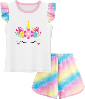 LQSZ Girls Pajamas Flutter Sleeve Toddler Girl Summer Pajamas 2 Piece Pjs Set Sleepwear for Girls 3-10 Years
