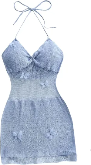 MakeMeChic Women's Butterfly Halter Sweater Dress Sheer Backless Bodycon Mini Dresses