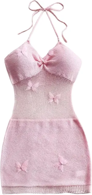 MakeMeChic Women's Butterfly Halter Sweater Dress Sheer Backless Bodycon Mini Dresses