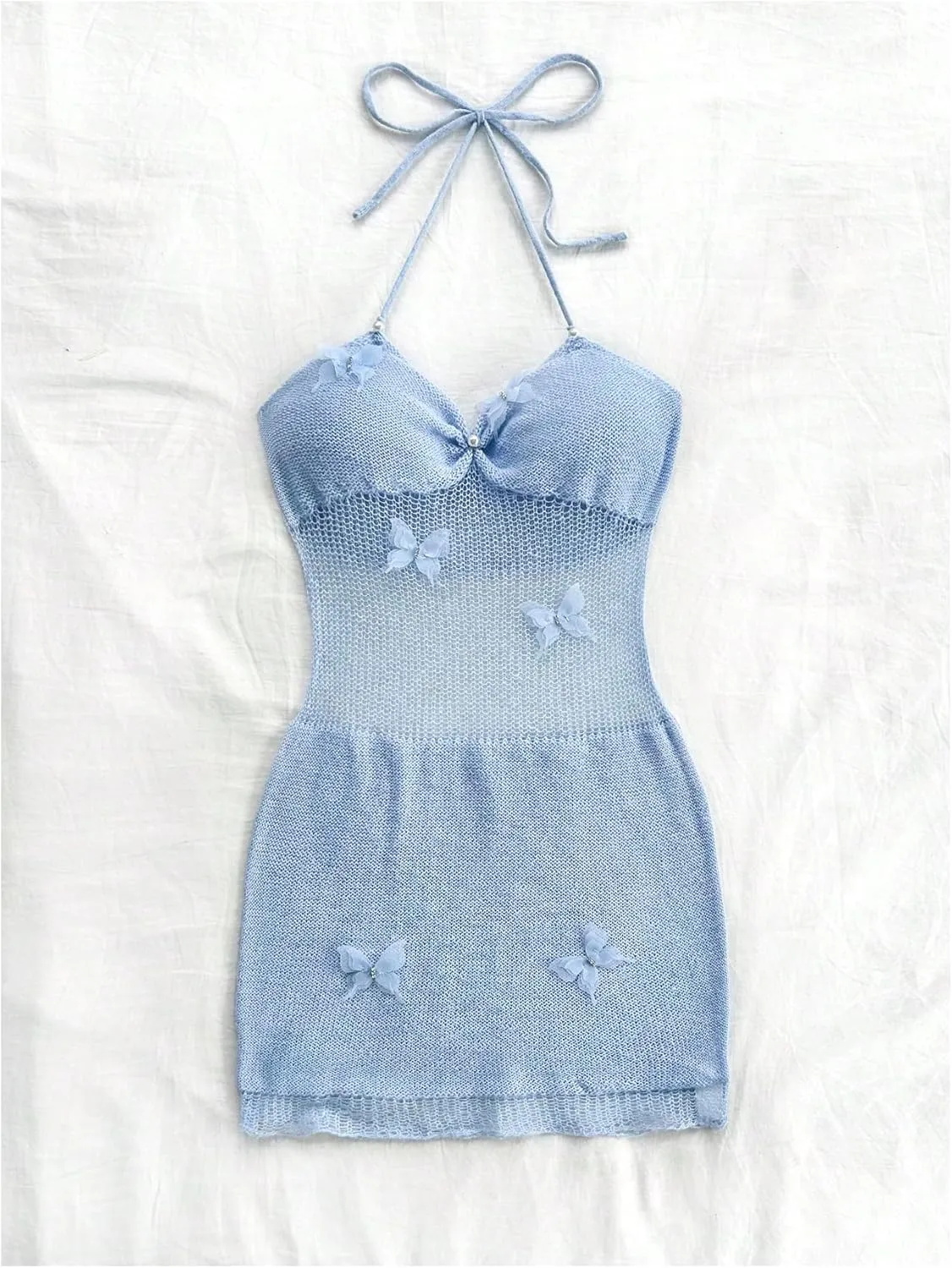 MakeMeChic Women's Butterfly Halter Sweater Dress Sheer Backless Bodycon Mini Dresses
