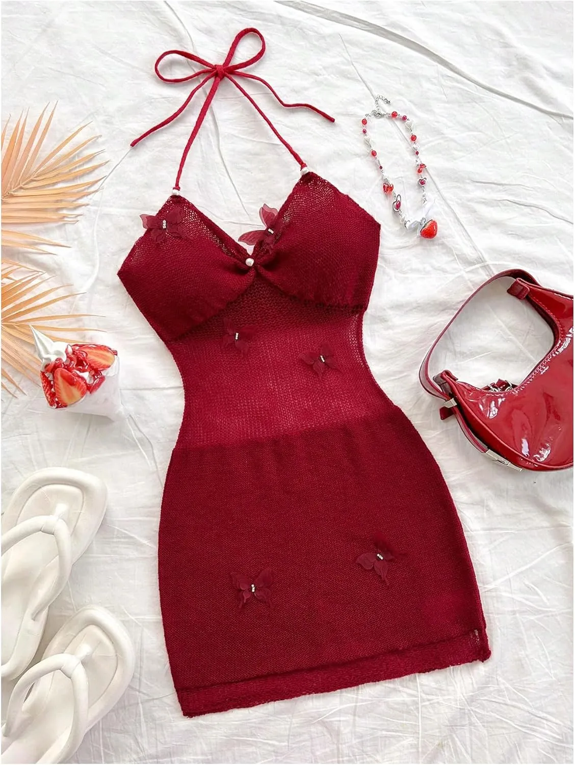 MakeMeChic Women's Butterfly Halter Sweater Dress Sheer Backless Bodycon Mini Dresses