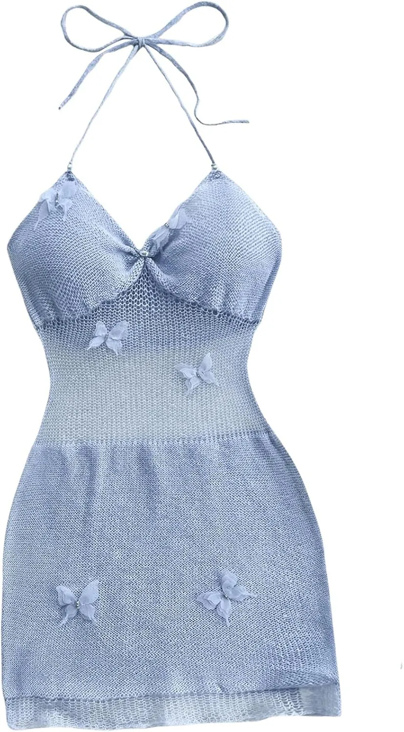 MakeMeChic Women's Butterfly Halter Sweater Dress Sheer Backless Bodycon Mini Dresses
