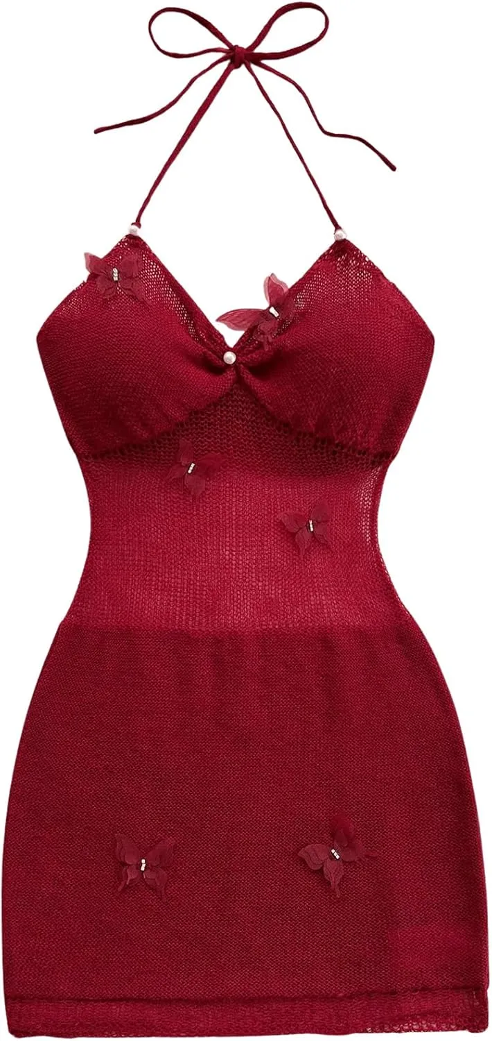 MakeMeChic Women's Butterfly Halter Sweater Dress Sheer Backless Bodycon Mini Dresses