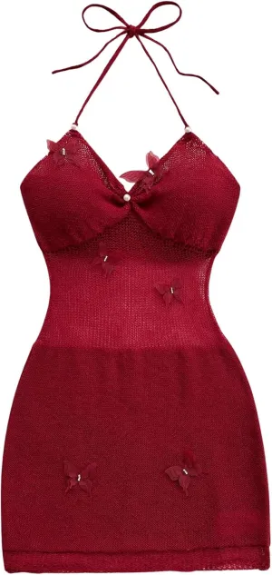 MakeMeChic Women's Butterfly Halter Sweater Dress Sheer Backless Bodycon Mini Dresses