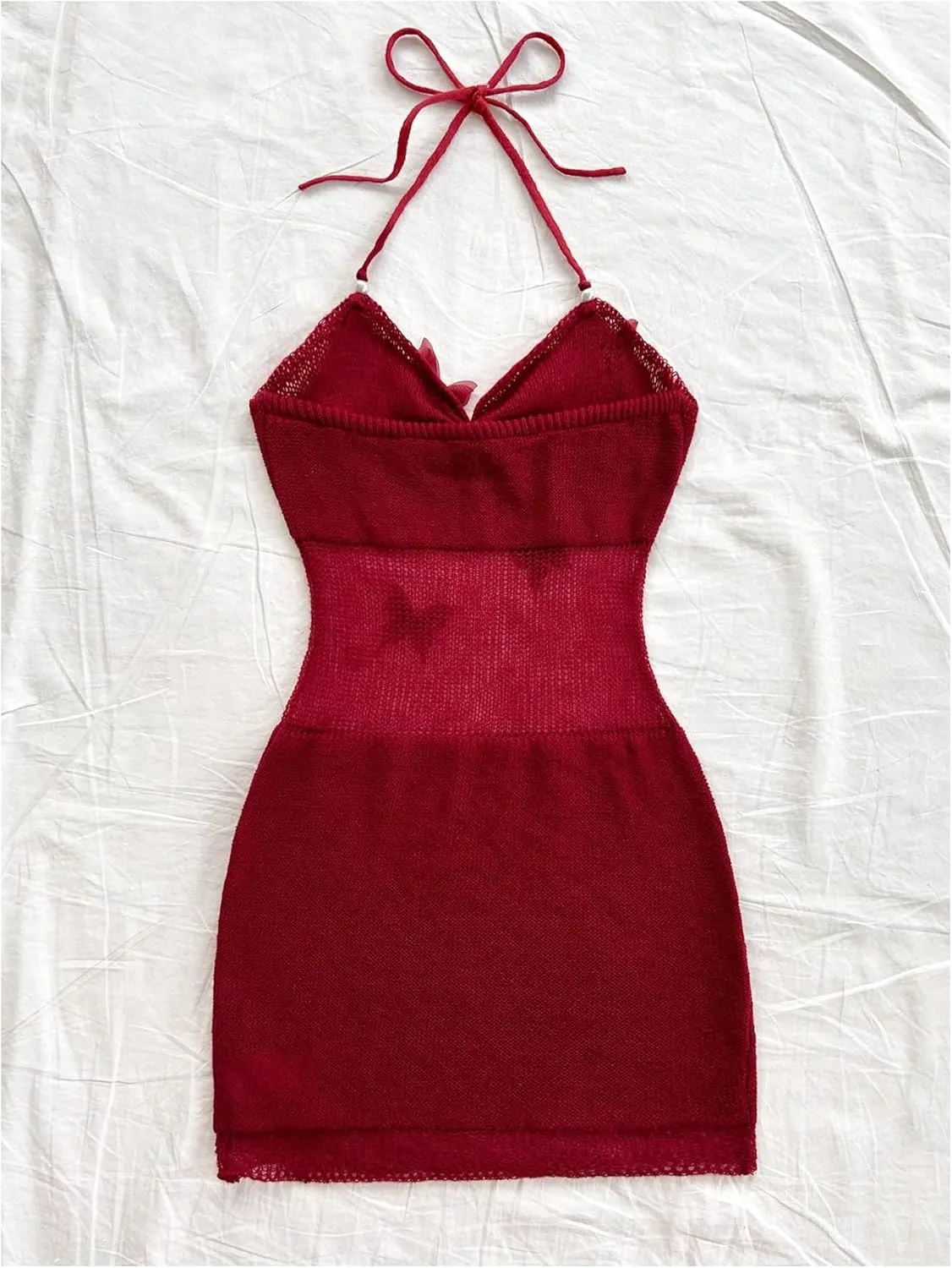 MakeMeChic Women's Butterfly Halter Sweater Dress Sheer Backless Bodycon Mini Dresses