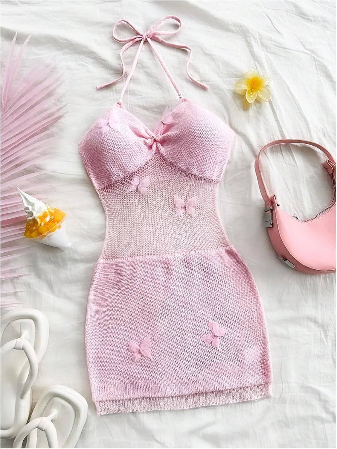 MakeMeChic Women's Butterfly Halter Sweater Dress Sheer Backless Bodycon Mini Dresses