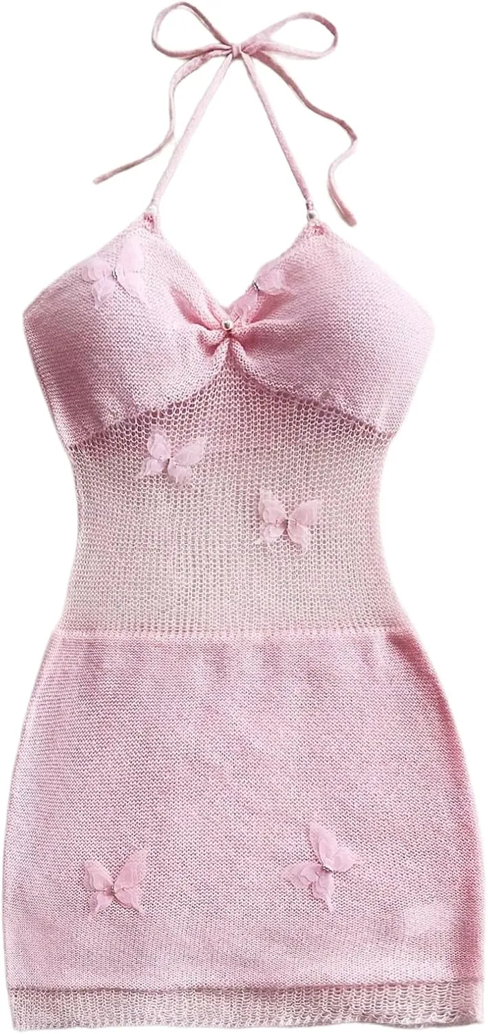 MakeMeChic Women's Butterfly Halter Sweater Dress Sheer Backless Bodycon Mini Dresses