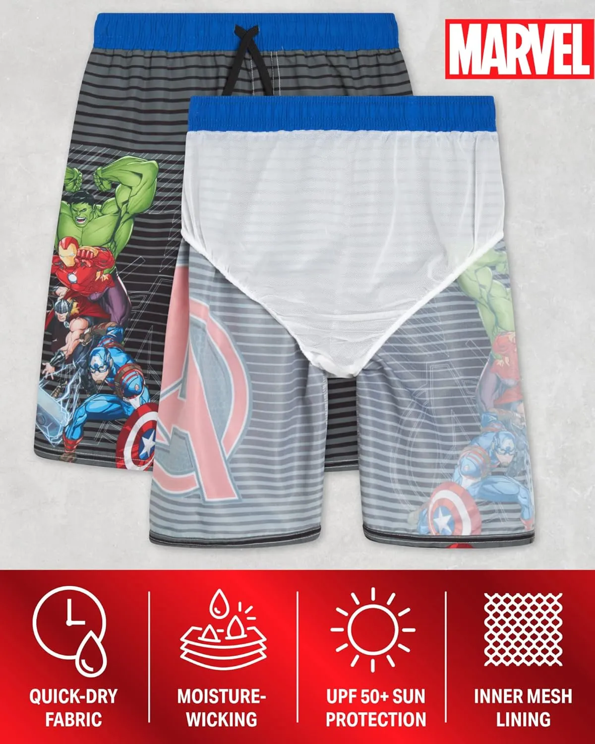 Marvel Boys Swim Trunks - Avengers Spiderman Captain America Hulk Iron Man Black Panther UPF 50  Quick Dry Boys Swim Shorts