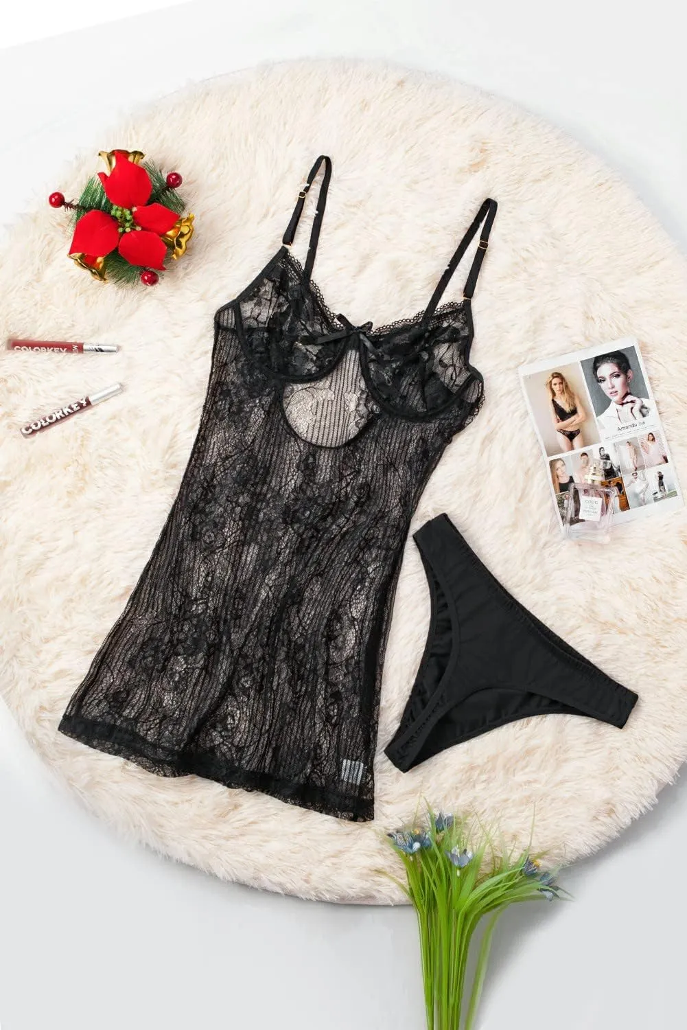 MARZXIN Womens Sexy Babydolls and Chemises Black Lace Lingerie Slip Dress Bralettes