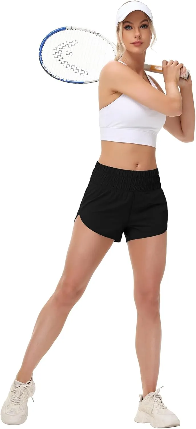 MCEDAR Womens High Waisted Running Shorts Elastic Mesh Liner Dolphin Athletic Gym Workout Shorts with Zipper Pocket