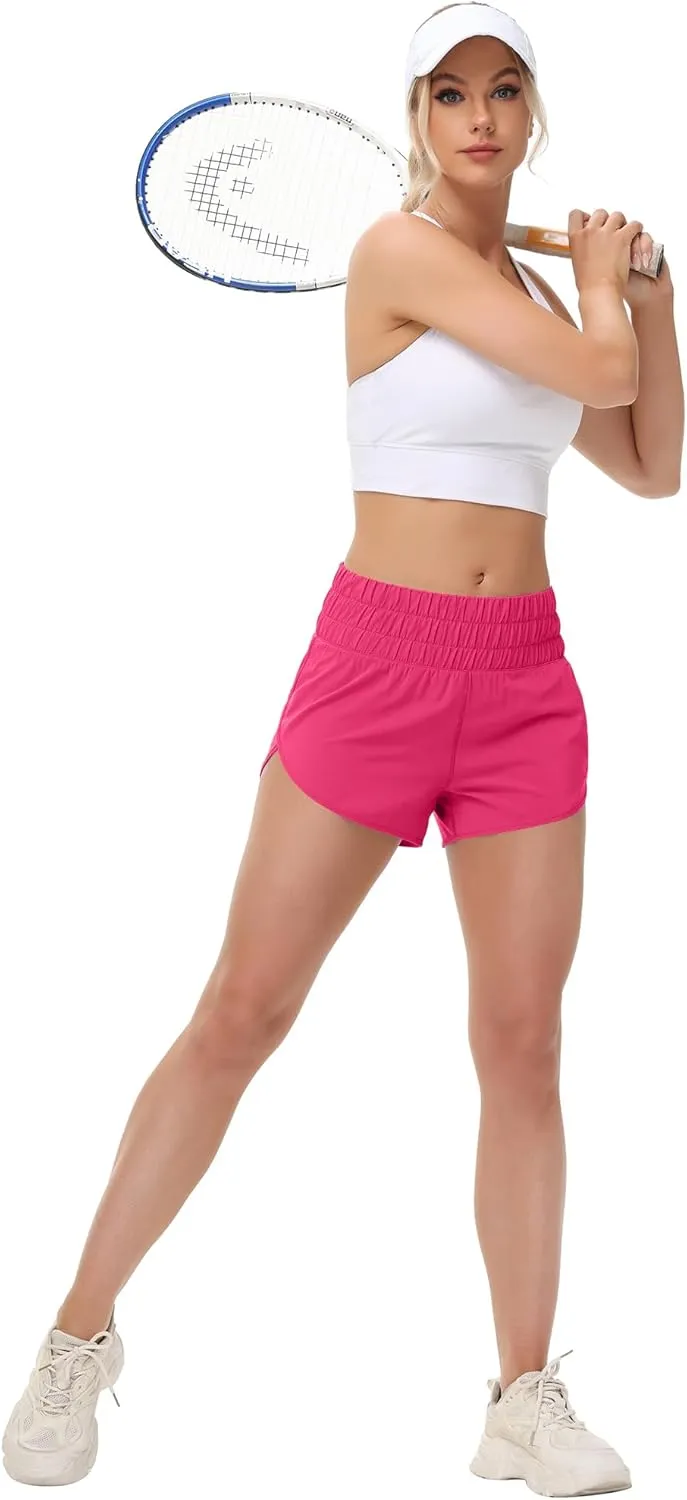 MCEDAR Womens High Waisted Running Shorts Elastic Mesh Liner Dolphin Athletic Gym Workout Shorts with Zipper Pocket