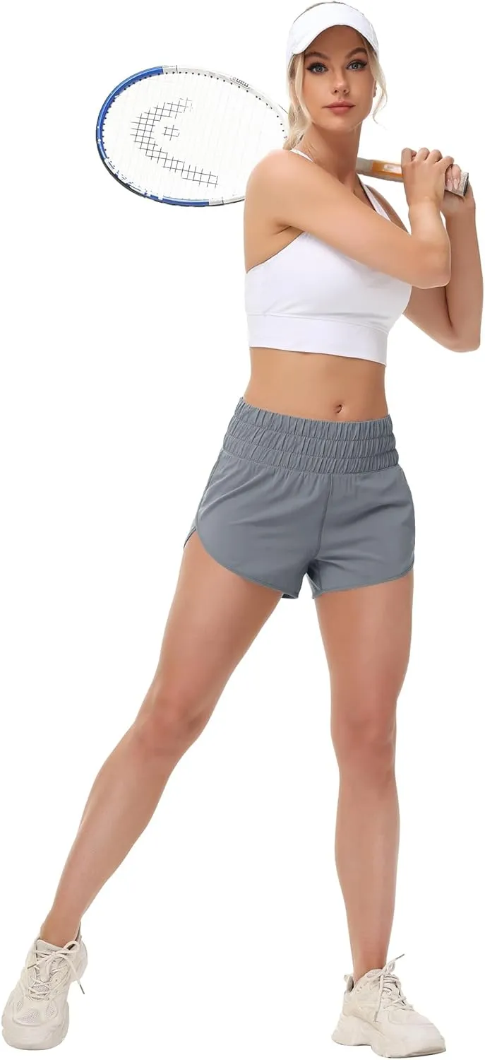 MCEDAR Womens High Waisted Running Shorts Elastic Mesh Liner Dolphin Athletic Gym Workout Shorts with Zipper Pocket