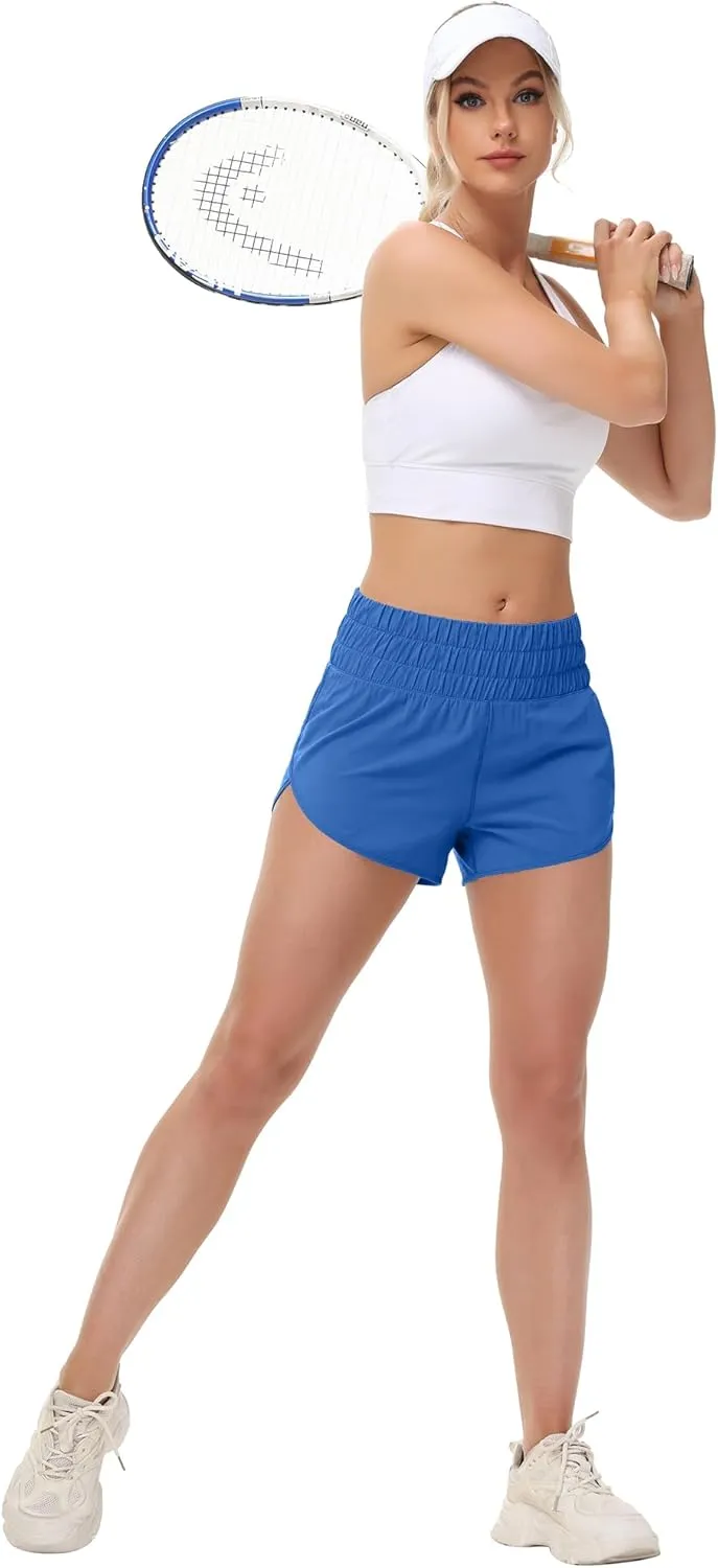 MCEDAR Womens High Waisted Running Shorts Elastic Mesh Liner Dolphin Athletic Gym Workout Shorts with Zipper Pocket