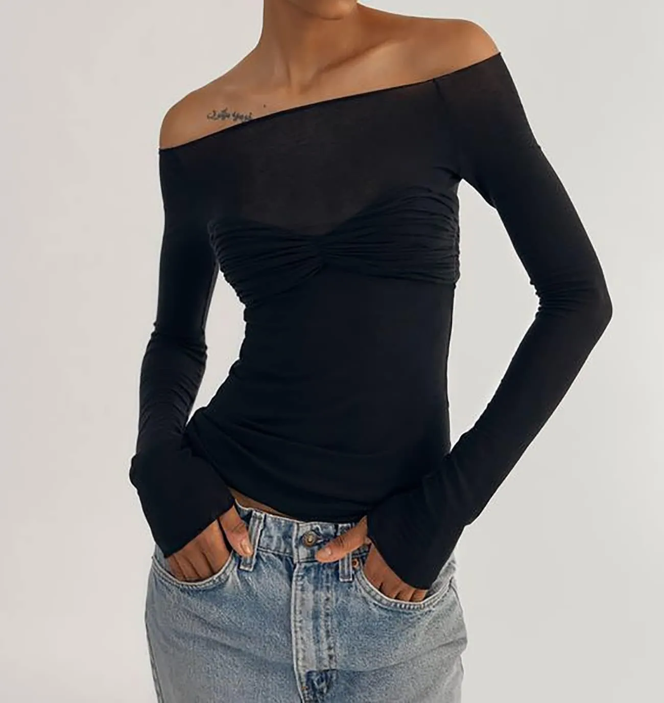 Meladyan Women Off Shoulder Ruched Sheer Mesh Sexy Tshirt Top Long Sleeve Pleated See Through Solid Slim Shirt Blouse Tops