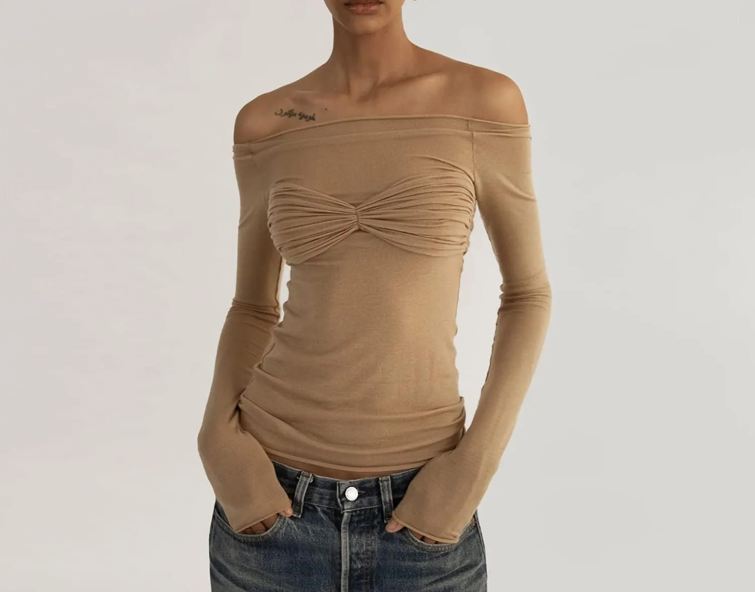 Meladyan Women Off Shoulder Ruched Sheer Mesh Sexy Tshirt Top Long Sleeve Pleated See Through Solid Slim Shirt Blouse Tops