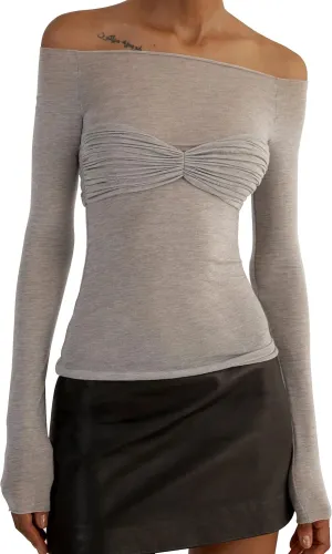 Meladyan Women Off Shoulder Ruched Sheer Mesh Sexy Tshirt Top Long Sleeve Pleated See Through Solid Slim Shirt Blouse Tops