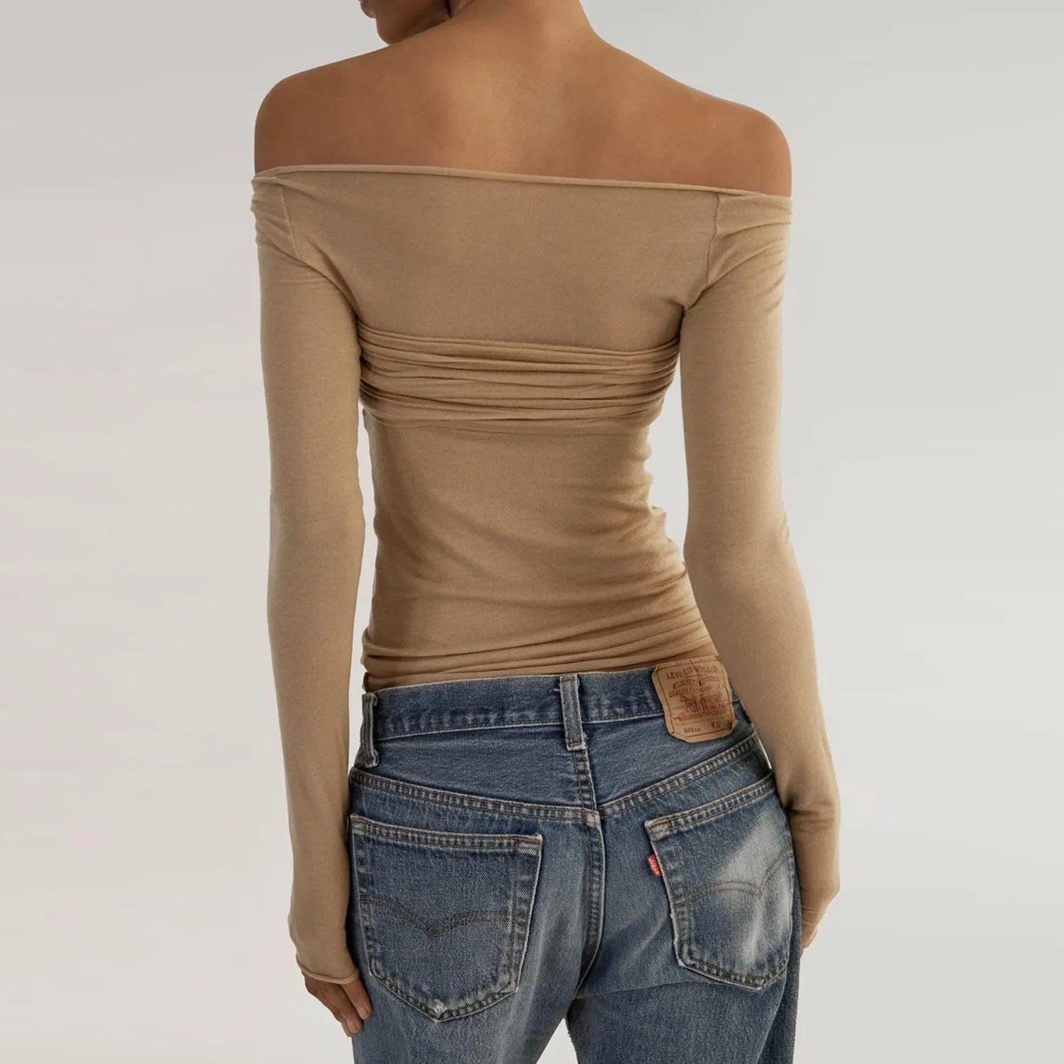 Meladyan Women Off Shoulder Ruched Sheer Mesh Sexy Tshirt Top Long Sleeve Pleated See Through Solid Slim Shirt Blouse Tops