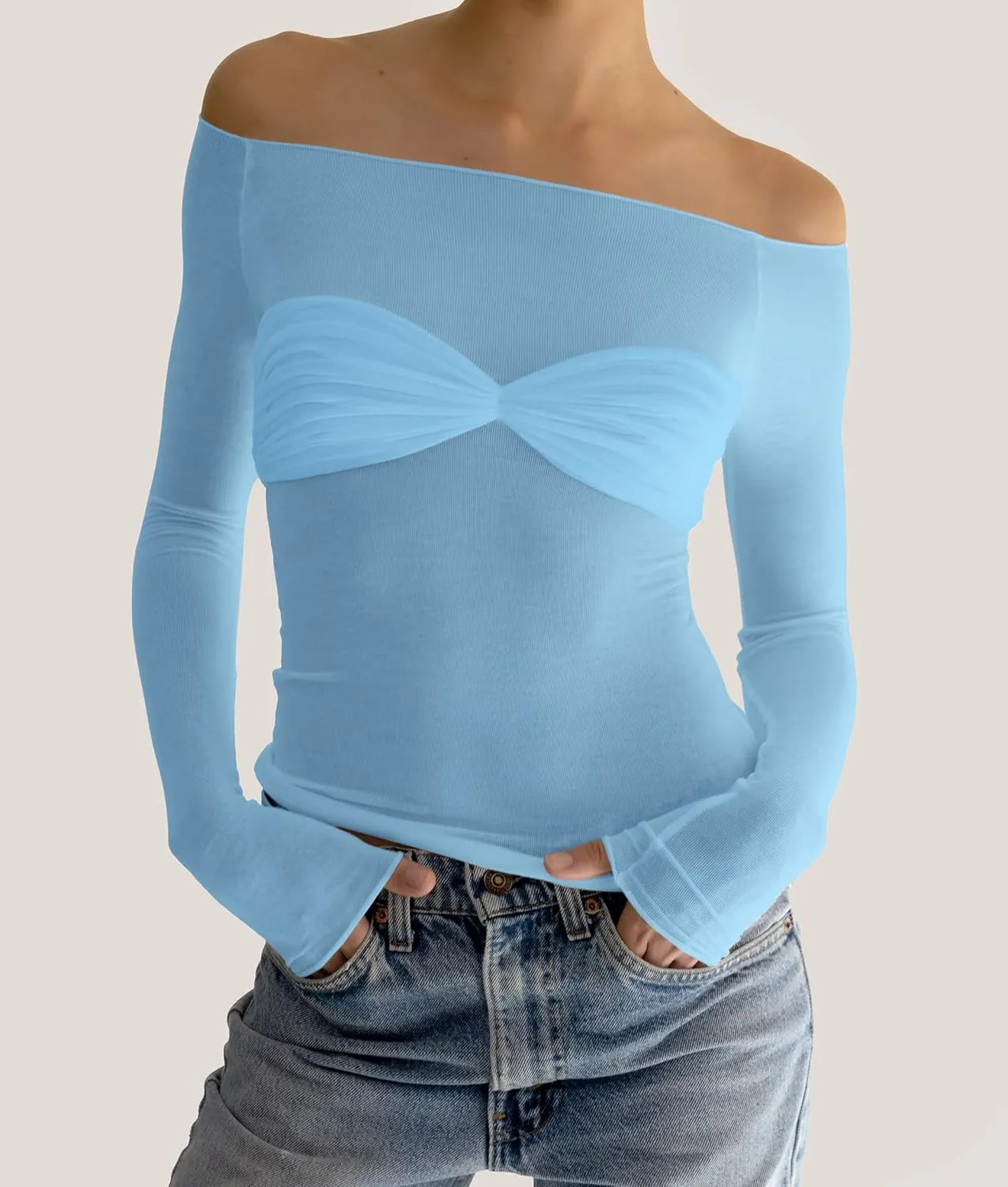 Meladyan Women Off Shoulder Ruched Sheer Mesh Sexy Tshirt Top Long Sleeve Pleated See Through Solid Slim Shirt Blouse Tops