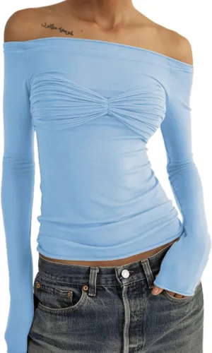 Meladyan Women Off Shoulder Ruched Sheer Mesh Sexy Tshirt Top Long Sleeve Pleated See Through Solid Slim Shirt Blouse Tops