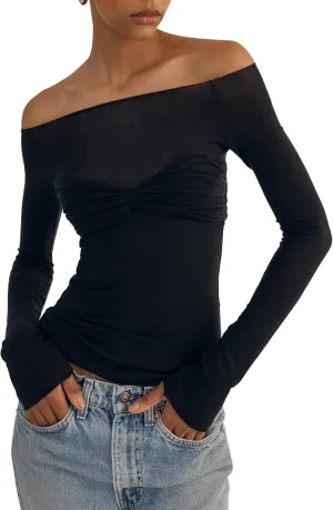 Meladyan Women Off Shoulder Ruched Sheer Mesh Sexy Tshirt Top Long Sleeve Pleated See Through Solid Slim Shirt Blouse Tops