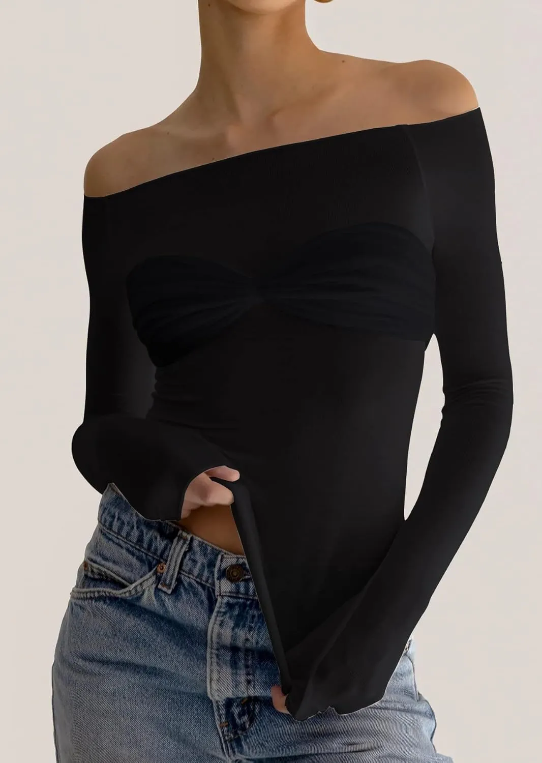 Meladyan Women Off Shoulder Ruched Sheer Mesh Sexy Tshirt Top Long Sleeve Pleated See Through Solid Slim Shirt Blouse Tops