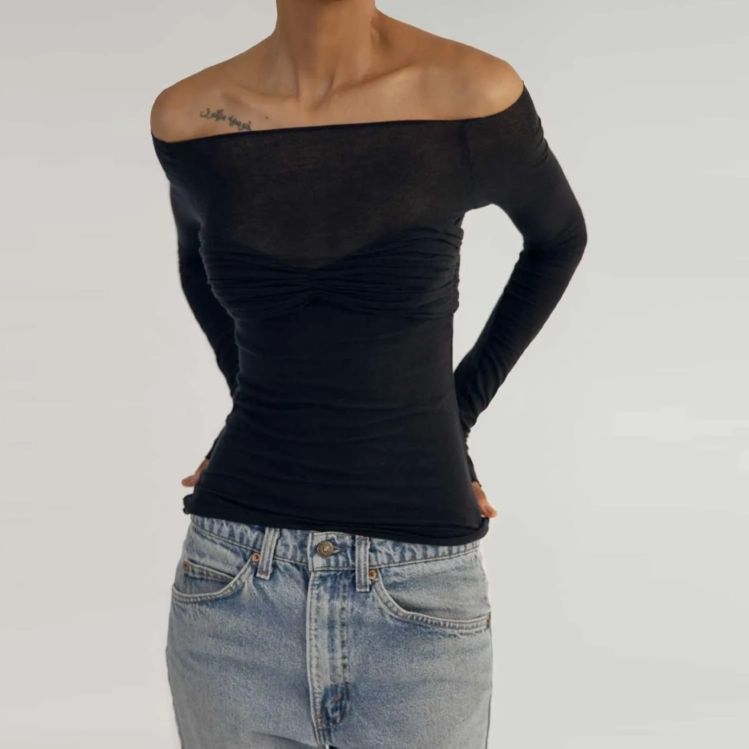Meladyan Women Off Shoulder Ruched Sheer Mesh Sexy Tshirt Top Long Sleeve Pleated See Through Solid Slim Shirt Blouse Tops