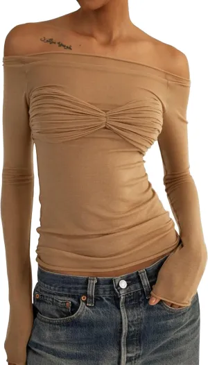 Meladyan Women Off Shoulder Ruched Sheer Mesh Sexy Tshirt Top Long Sleeve Pleated See Through Solid Slim Shirt Blouse Tops