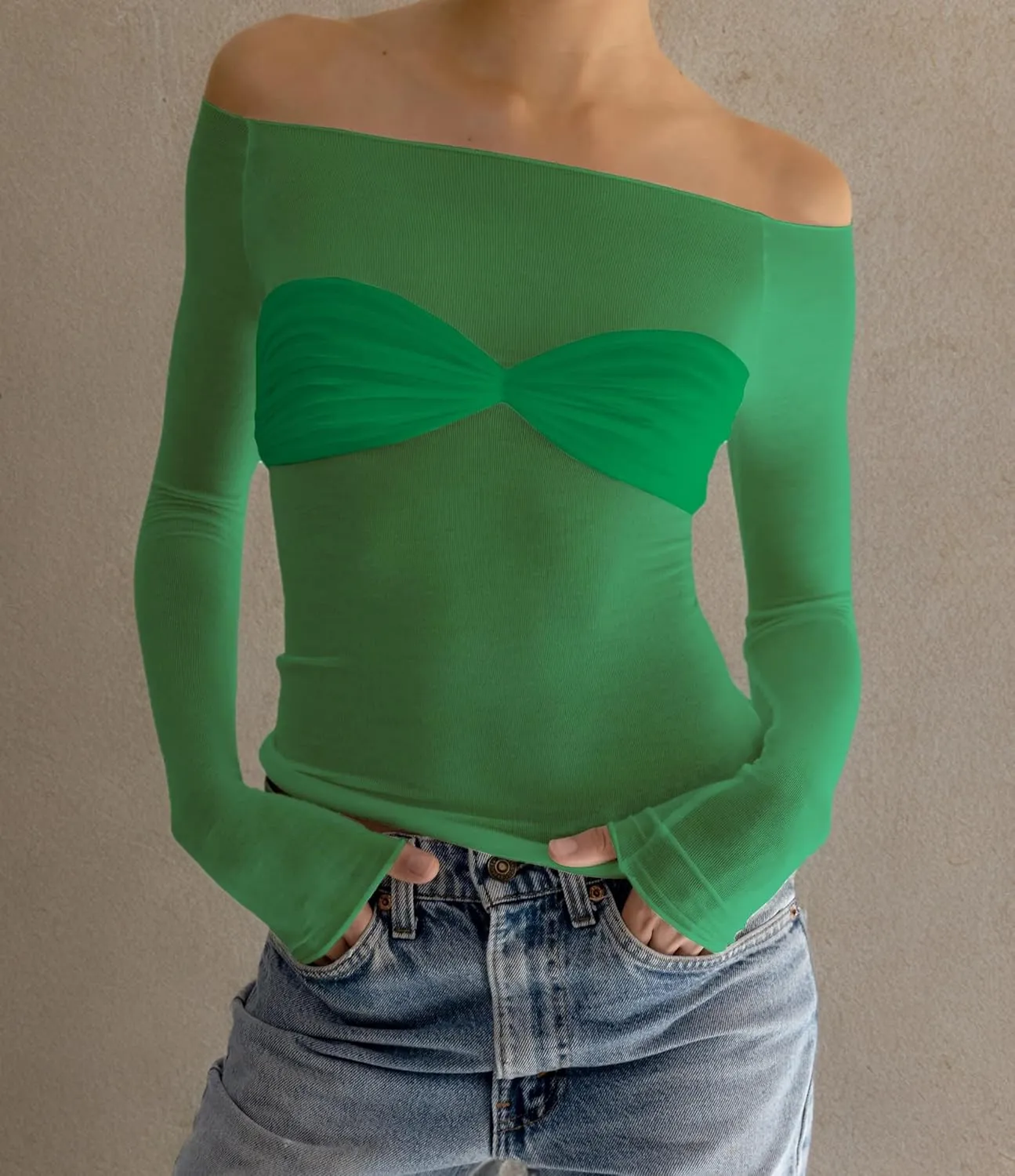 Meladyan Women Off Shoulder Ruched Sheer Mesh Sexy Tshirt Top Long Sleeve Pleated See Through Solid Slim Shirt Blouse Tops