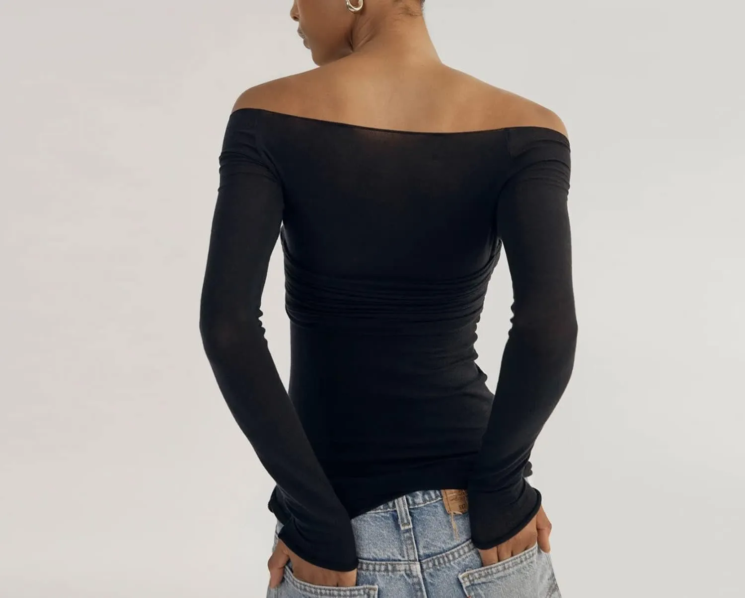 Meladyan Women Off Shoulder Ruched Sheer Mesh Sexy Tshirt Top Long Sleeve Pleated See Through Solid Slim Shirt Blouse Tops