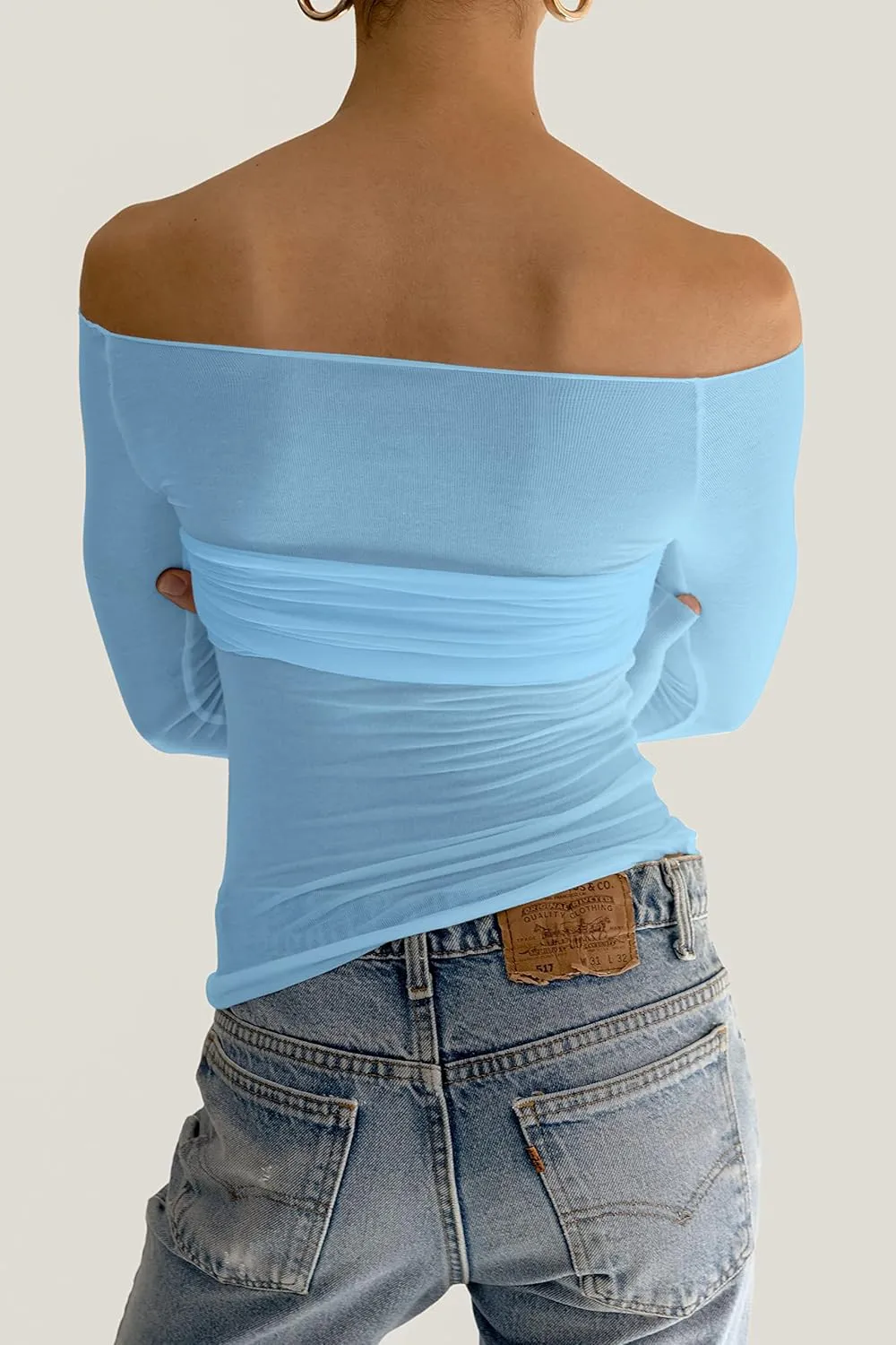 Meladyan Women Off Shoulder Ruched Sheer Mesh Sexy Tshirt Top Long Sleeve Pleated See Through Solid Slim Shirt Blouse Tops