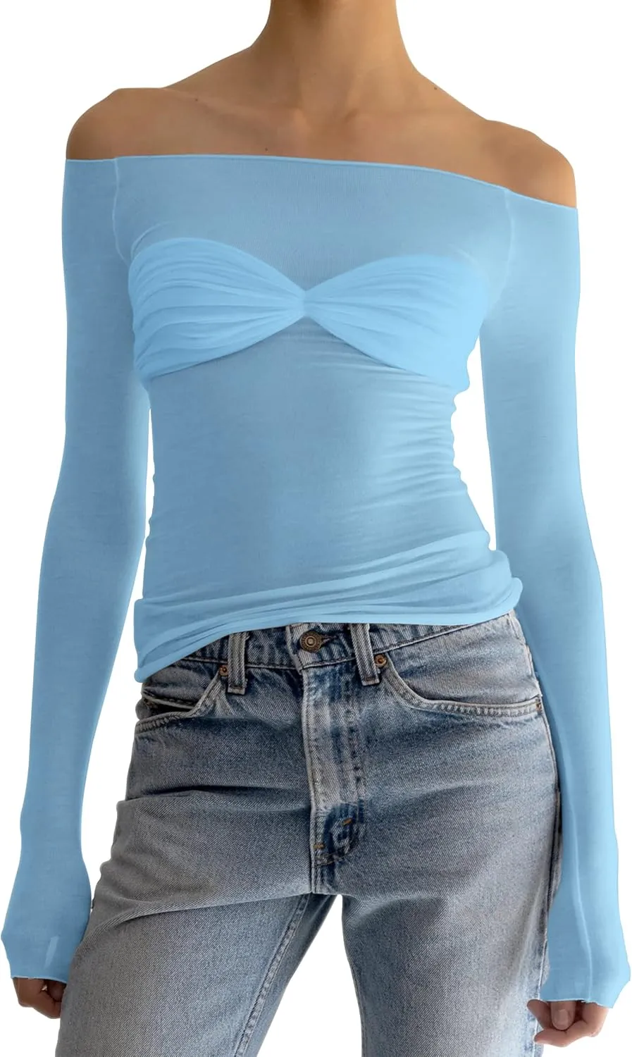Meladyan Women Off Shoulder Ruched Sheer Mesh Sexy Tshirt Top Long Sleeve Pleated See Through Solid Slim Shirt Blouse Tops