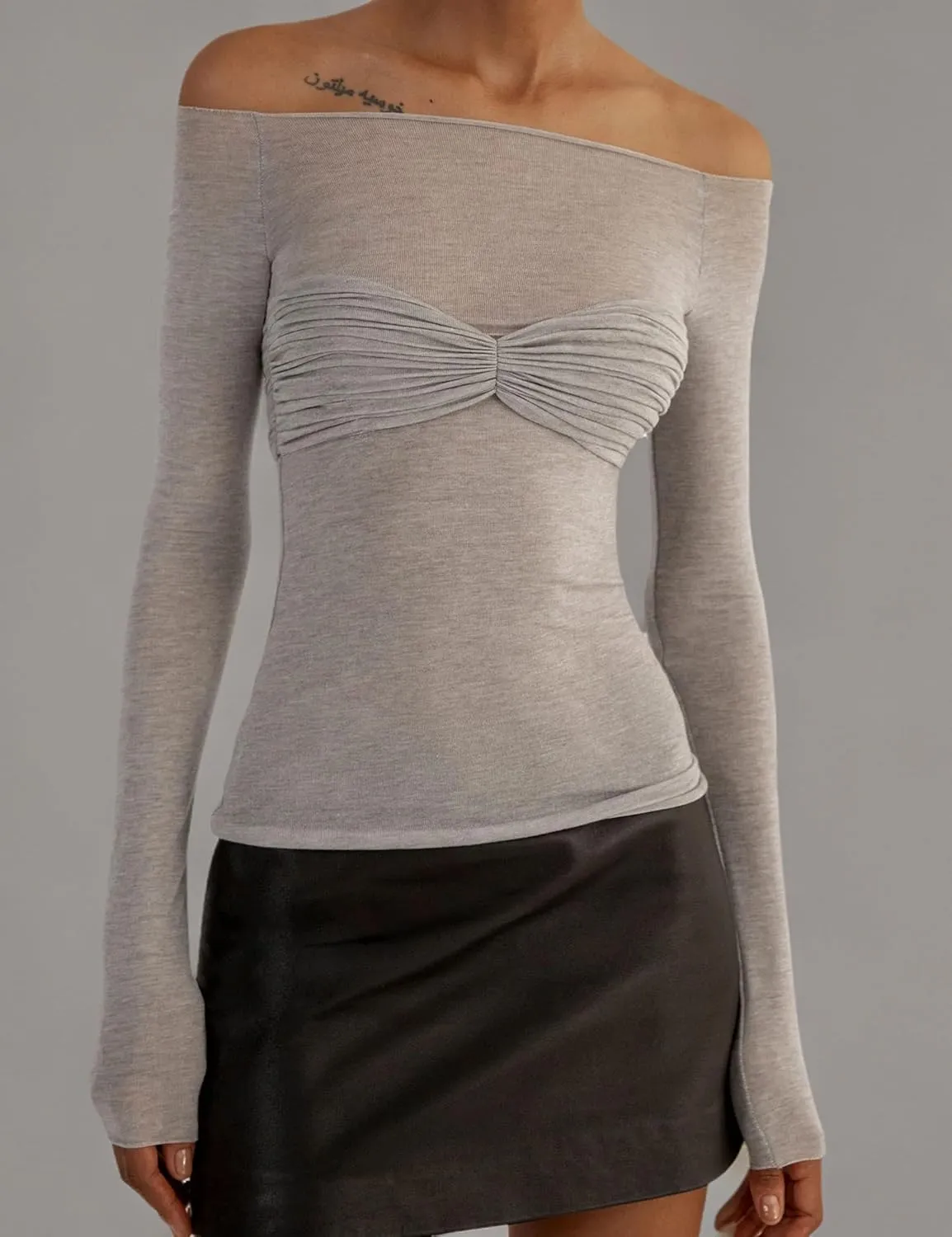 Meladyan Women Off Shoulder Ruched Sheer Mesh Sexy Tshirt Top Long Sleeve Pleated See Through Solid Slim Shirt Blouse Tops