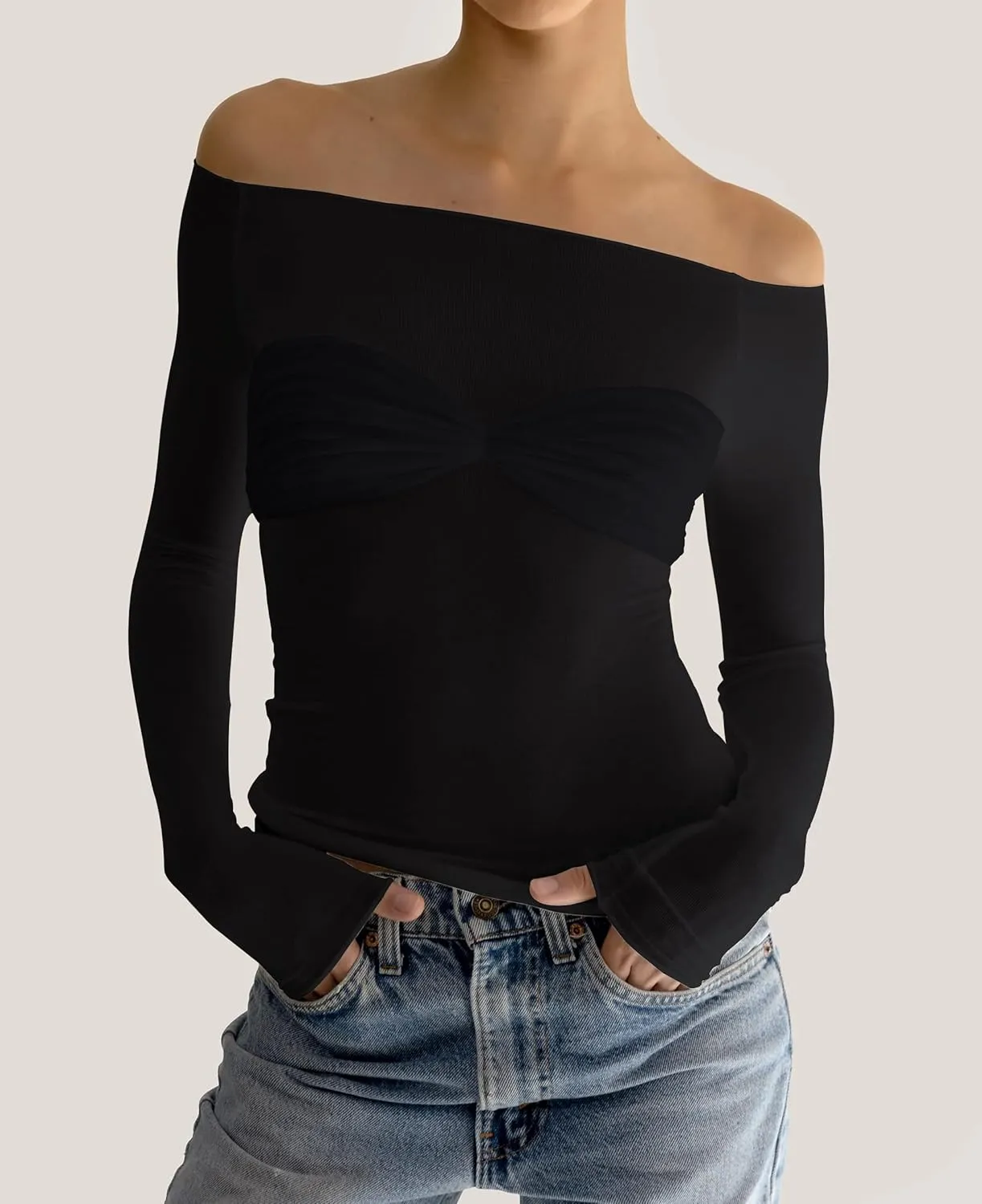 Meladyan Women Off Shoulder Ruched Sheer Mesh Sexy Tshirt Top Long Sleeve Pleated See Through Solid Slim Shirt Blouse Tops