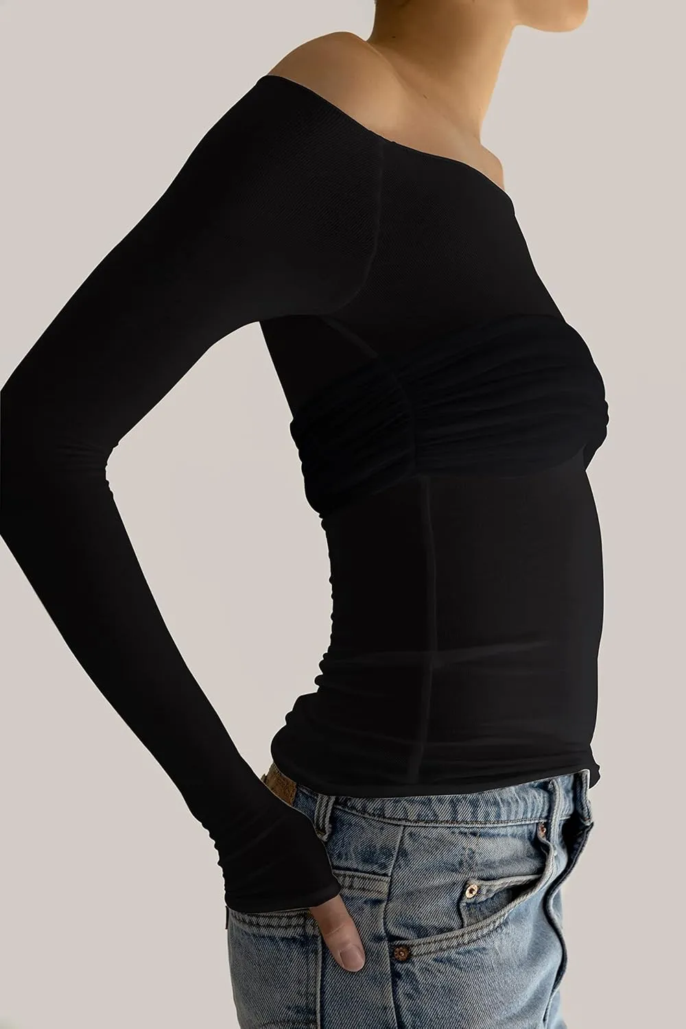 Meladyan Women Off Shoulder Ruched Sheer Mesh Sexy Tshirt Top Long Sleeve Pleated See Through Solid Slim Shirt Blouse Tops