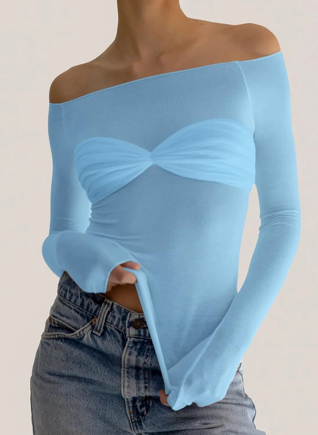 Meladyan Women Off Shoulder Ruched Sheer Mesh Sexy Tshirt Top Long Sleeve Pleated See Through Solid Slim Shirt Blouse Tops
