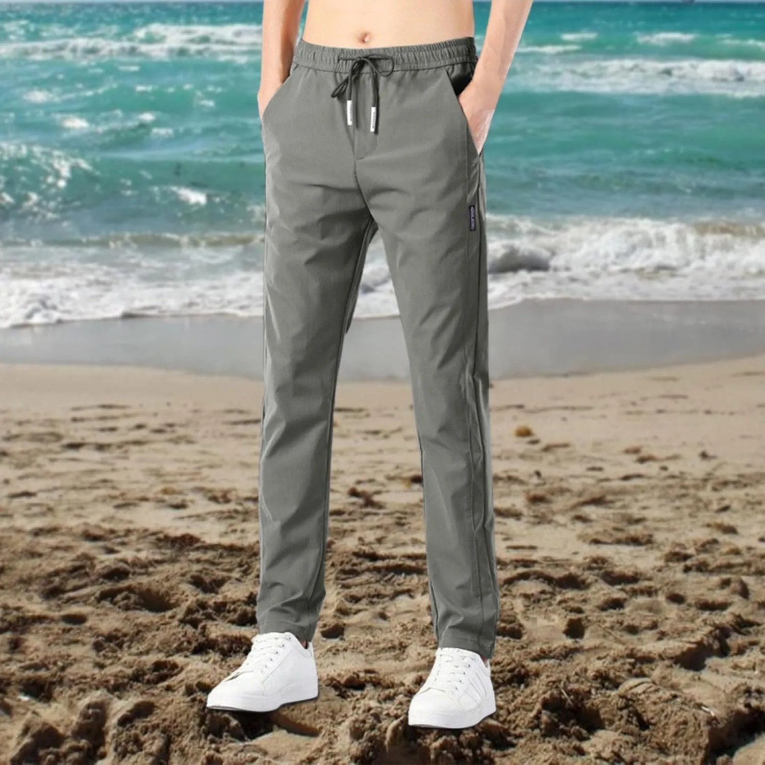 Men Combat Cargo Pants Casual Linen Stretch Drawstring Pant Beach Sweatpants Joggers Baggy Yoga Jogger Bottoms